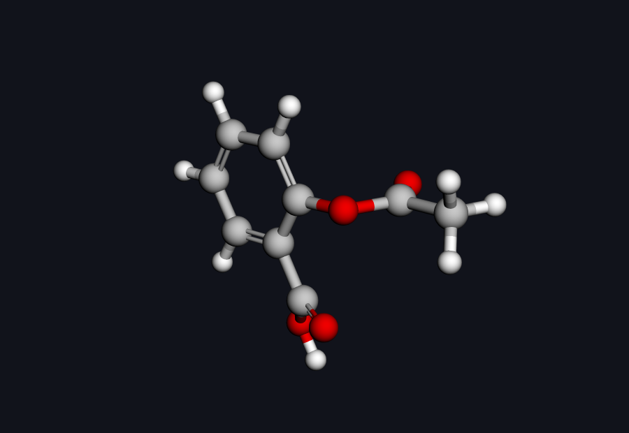Ball-and-stick 3D structure of aspirin computed by Hilbeon