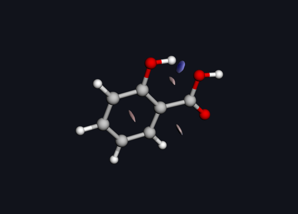 NCI isosurface of salicylic acid; a blue disk marks the intramolecular hydrogen bond, computed by Hilbeon