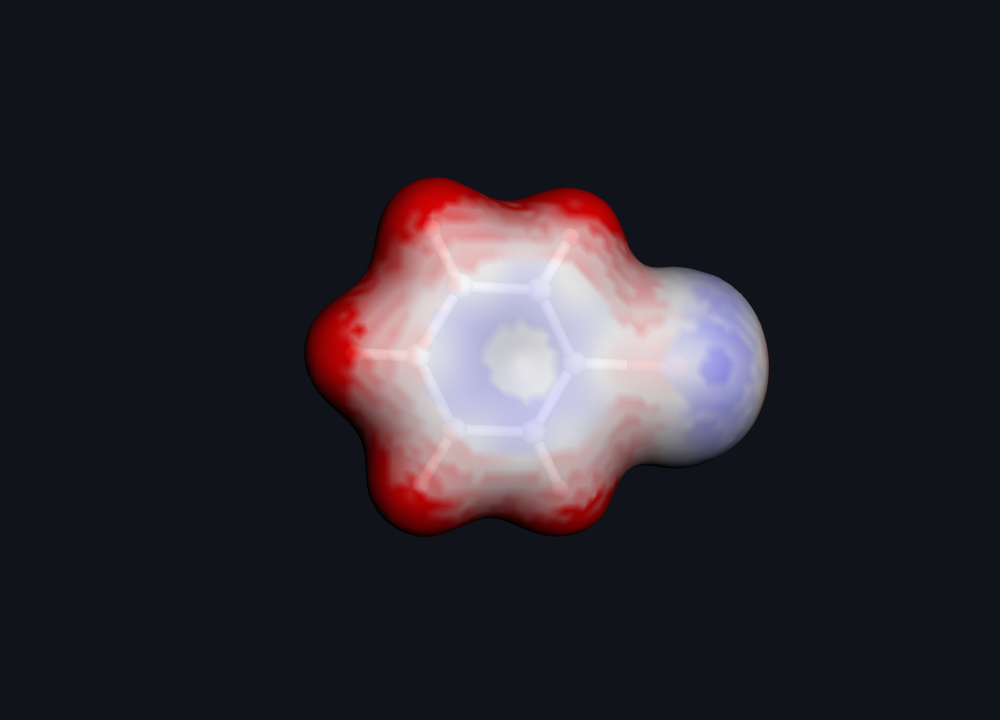 Electrostatic-potential map of bromobenzene computed by Hilbeon: the ring edges and pi-region are negative (red) and the bromine carries a blue positive cap on its tip - the sigma-hole